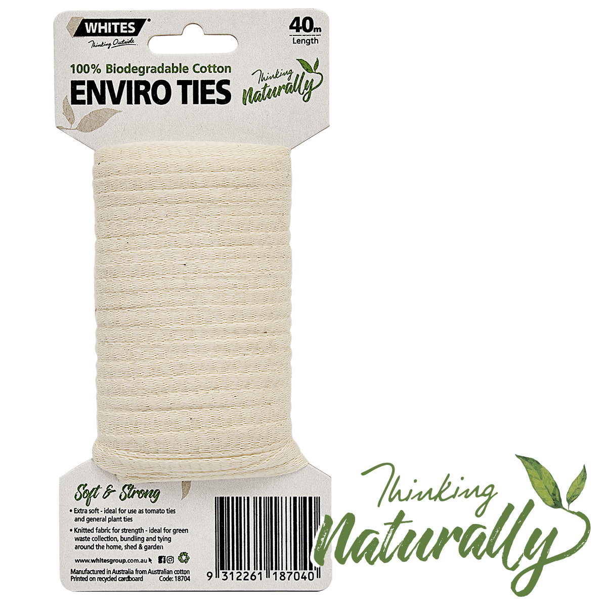 Whites Outdoor ENVIRO TIE 40m 100% Biodegradable Cotton Soft & Strong Aust Brand 