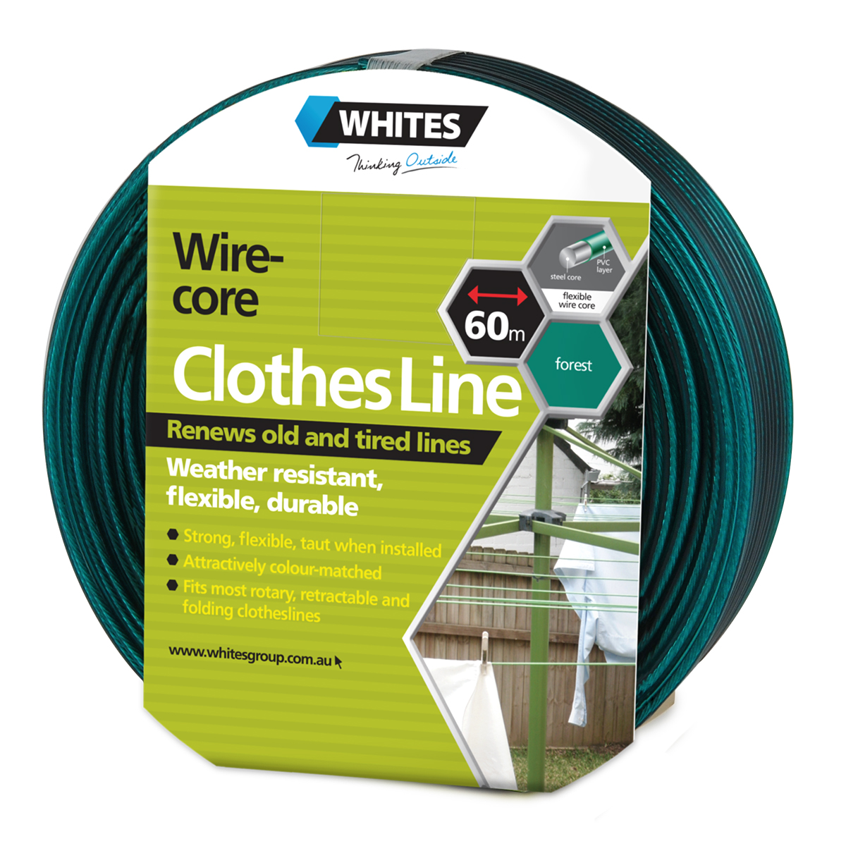 23520 Wire-Core Clothesline Forest Green 60m